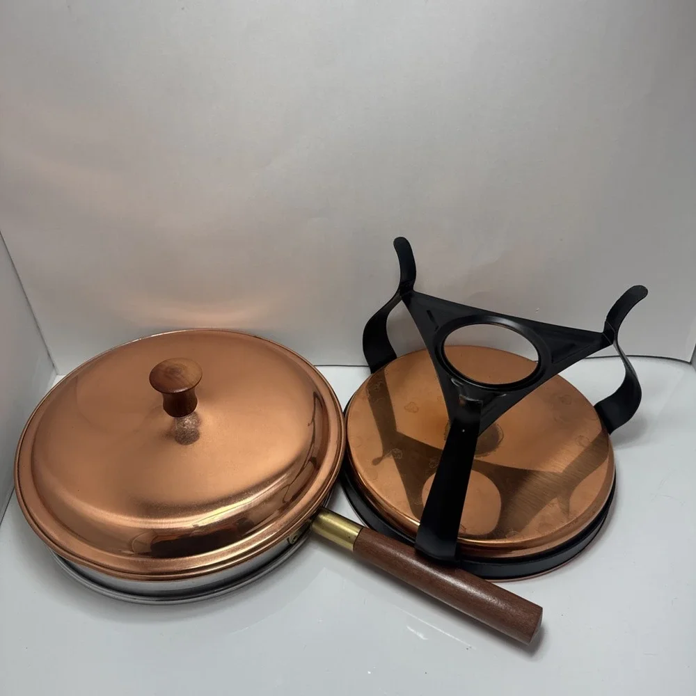 Vintage Copper & Brass Chafing Dish with Wood Handles and Stand – Classic Warmer